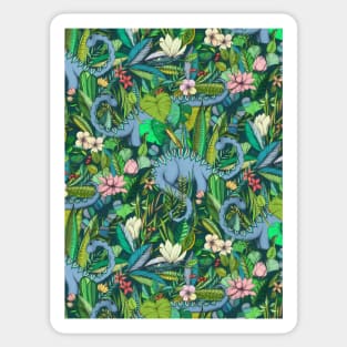 An unlikely garden filled with improbable plants - plumeria, magnolia, lotus flowers & lots of tropical & other leaves. Oh, & with dinosaurs, too. : ) Sticker